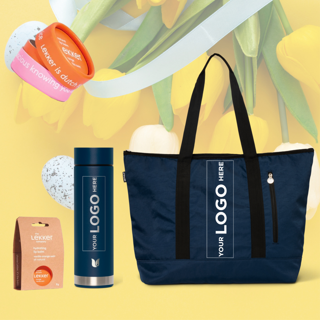 spring shopping retulp spring package with smart thermos, shopper cooler bag and yummy company lip balm