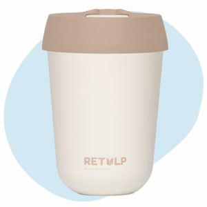 Retulp reusable coffee mug best tested SUP-wet Travelcup white with bakery brown cap